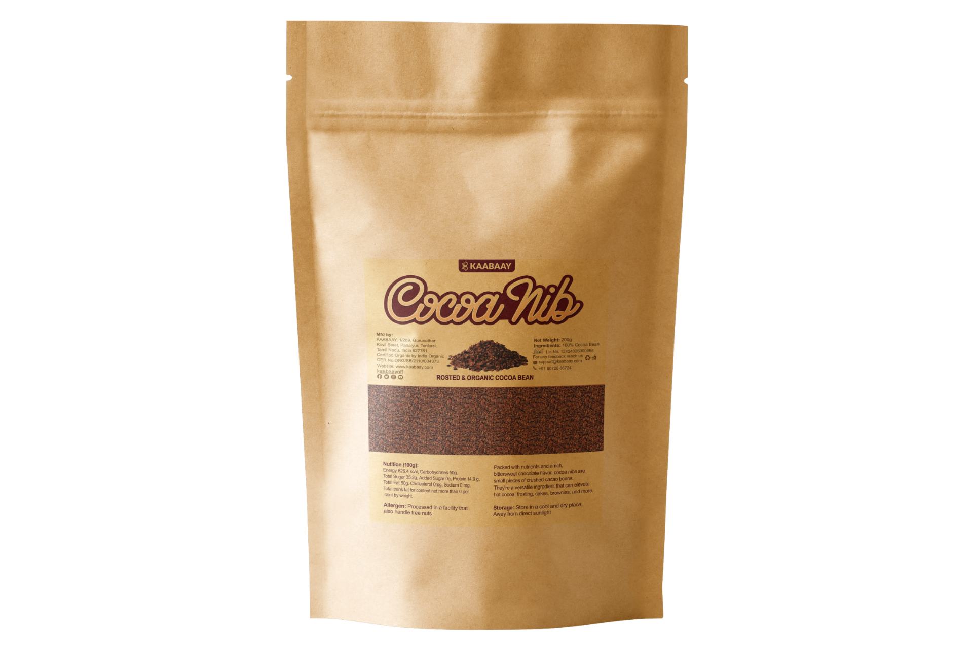 KAABAAY Cocoa Organic Nibs 200gm, Roasted