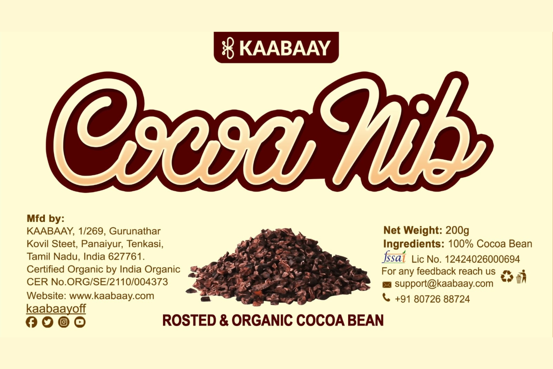 KAABAAY Cocoa Organic Nibs 200gm, Roasted