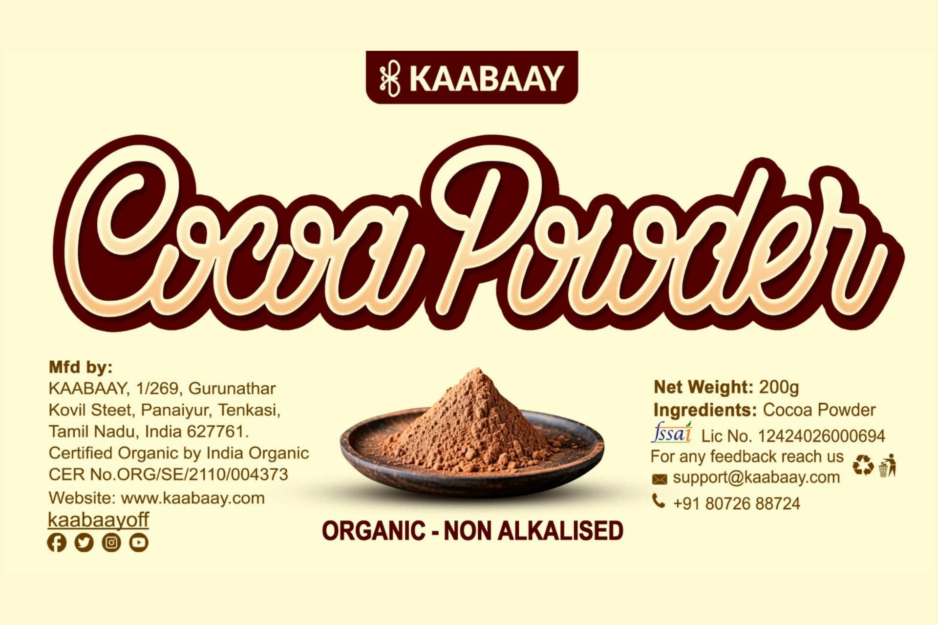 KAABAAY Organic Non-Alkalized Cacao Powder 200gm
